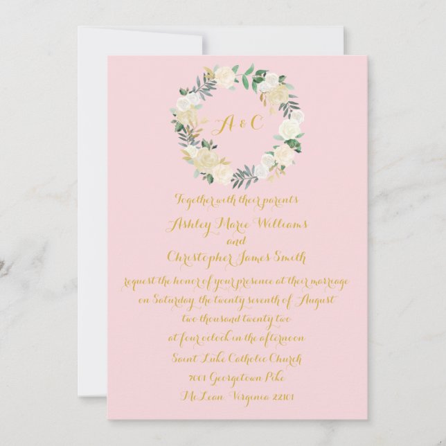 Greenery Wedding Invitation Pink & Gold Floral (Front)