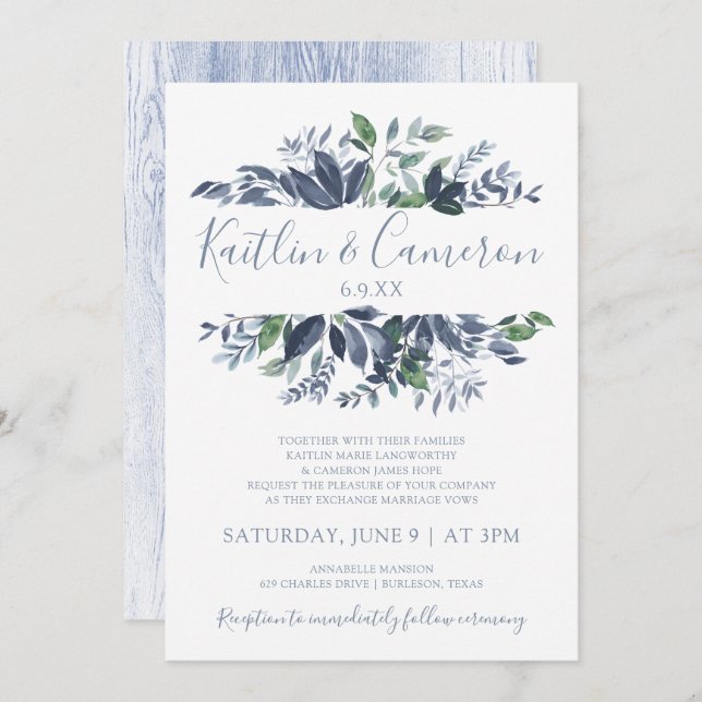 Greenery Wedding Invitations - Dusty Blue & Green (Front/Back)