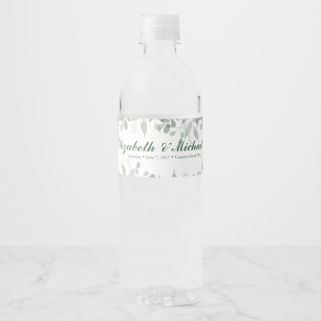 Greenery Wedding Personalised Water bottle Label (Front)