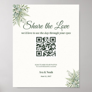 Greenery Wedding QR Code Sign, Scan to Share Poster