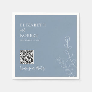Greenery Wedding QR Share Your Photos Dusty Blue Napkin