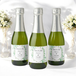 Greenery Wedding Watercolor White Green Mini Sparkling Wine Label