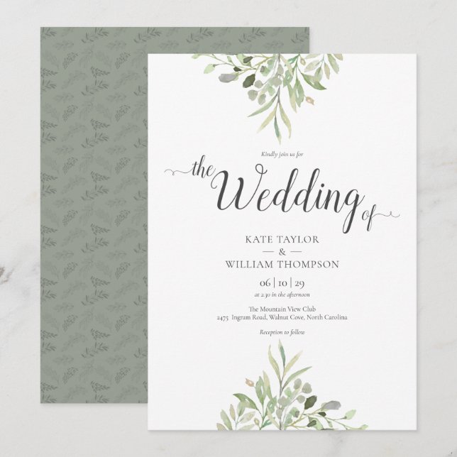 Greenery Wedding Watercolour Foliage Script Invitation (Front/Back)