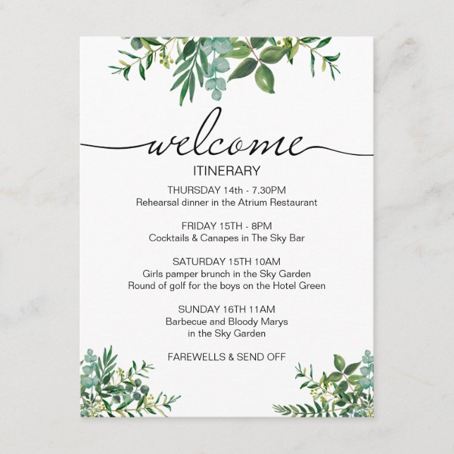 Greenery Wedding Weekend Itinerary Welcome Enclosure Card (Front)