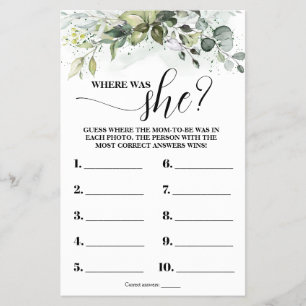 Greenery Where was Mum to be Baby Shower Game Card