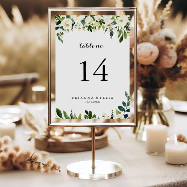 Greenery White Autumn Floral Calligraphy Wedding Table Number (Creator Uploaded)