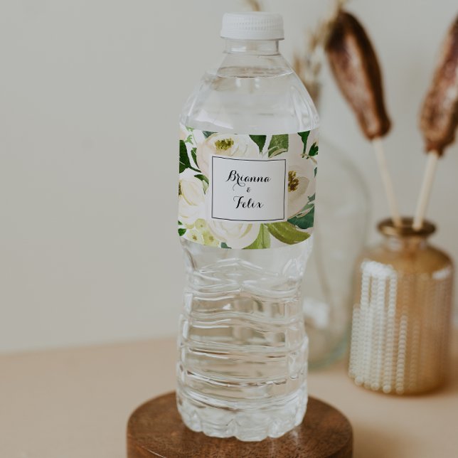 Greenery White Autumn Floral Calligraphy Wedding Water Bottle Label (Creator Uploaded)