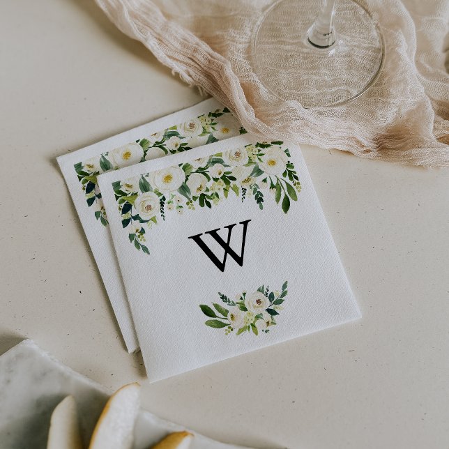 Greenery White Autumn Floral Monogram Wedding Napkin (Creator Uploaded)