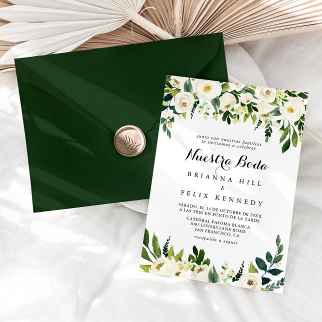 Greenery White Autumn Floral Nuestra Boda Wedding Invitation (Creator Uploaded)