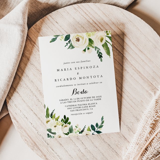 Greenery White Autumn Floral Spanish Wedding Invitation (Creator Uploaded)