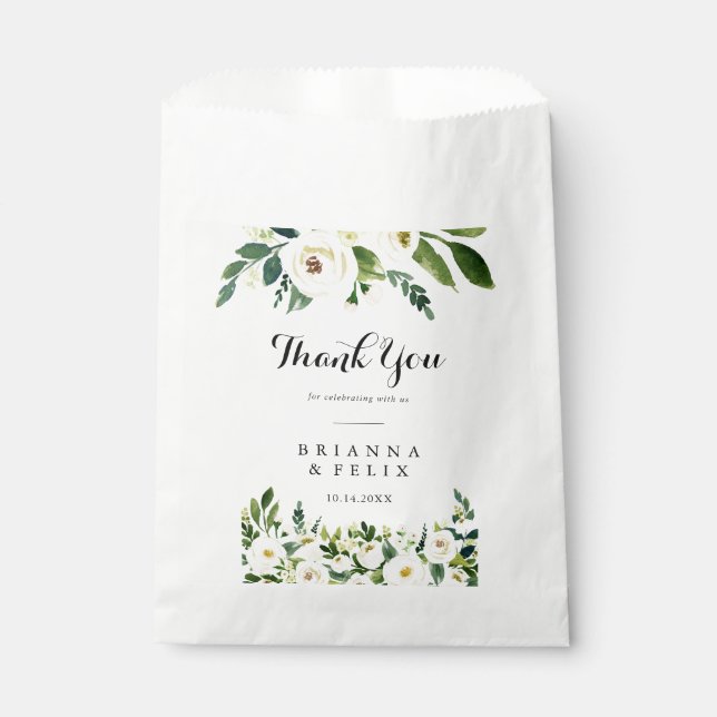 Greenery White Autumn Floral Thank You Wedding Favour Bags (Front)