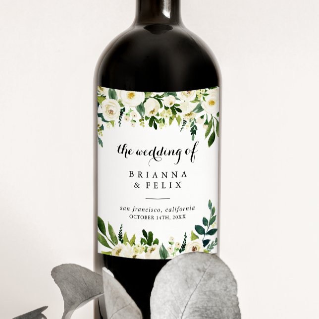 Greenery White Autumn Floral Wedding Wine Labels (Creator Uploaded)