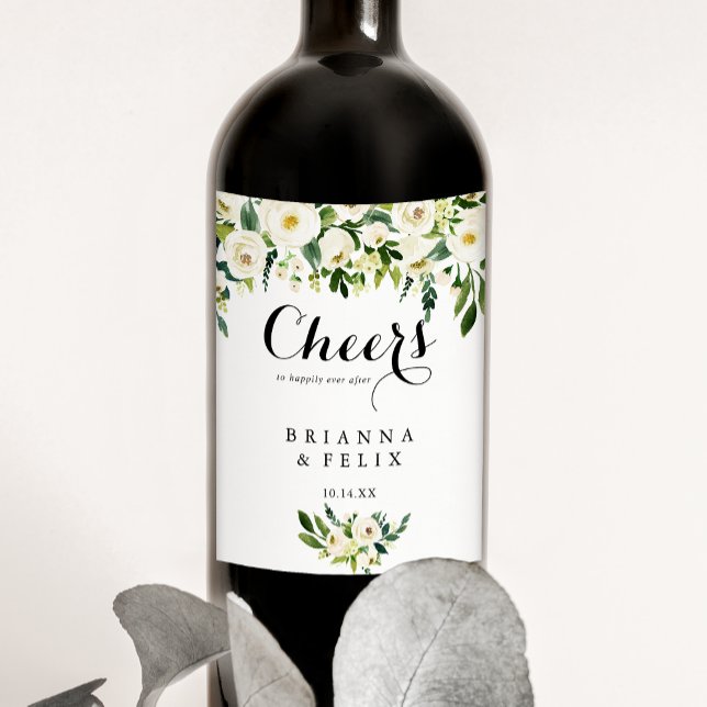 Greenery White Floral Cheers Wedding Wine Labels (Creator Uploaded)
