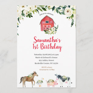 Greenery White Floral Farm 1st Birthday Invitation