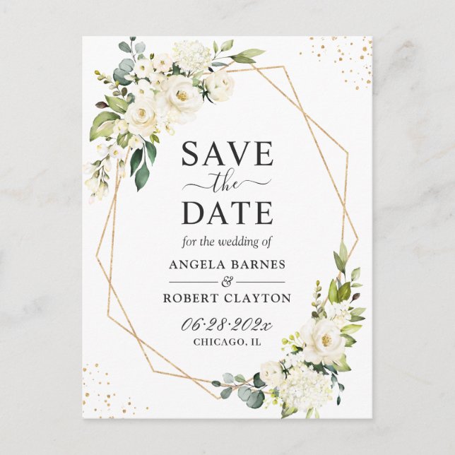 Greenery White Floral Gold Geometric Save the Date Postcard (Front)