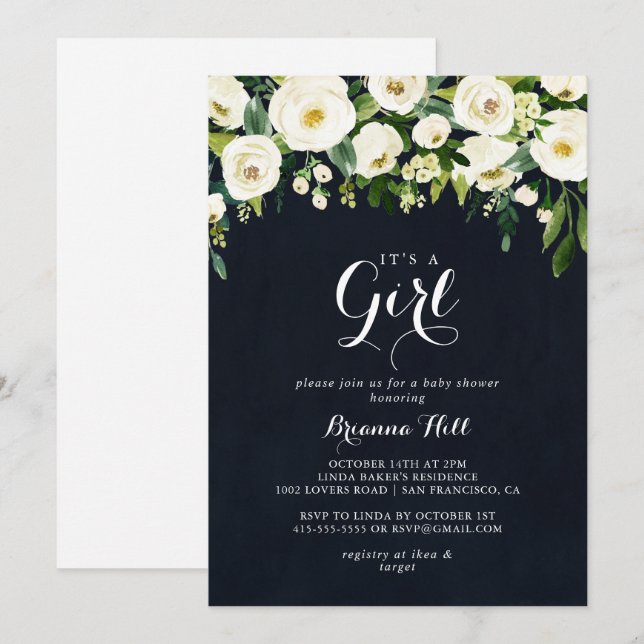 Greenery White Floral It's A Girl Baby Shower Invi Invitation (Front/Back)