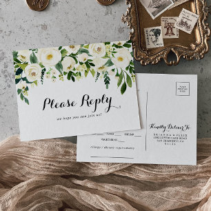 Greenery White Floral Menu Choice RSVP Postcard