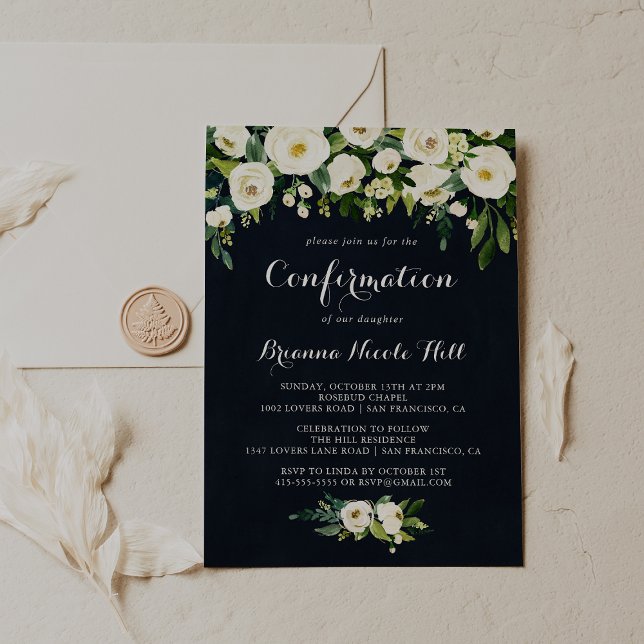 Greenery White Floral Royal Blue Confirmation  Invitation (Creator Uploaded)
