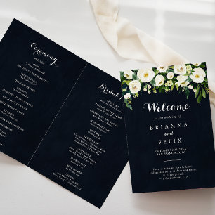 Greenery White Floral Royal Blue Folded Wedding  Programme