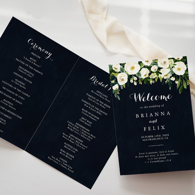 Greenery White Floral Royal Blue Folded Wedding  Programme (Creator Uploaded)