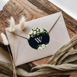 Greenery White Floral Royal Blue Monogram Wedding Classic Round Sticker