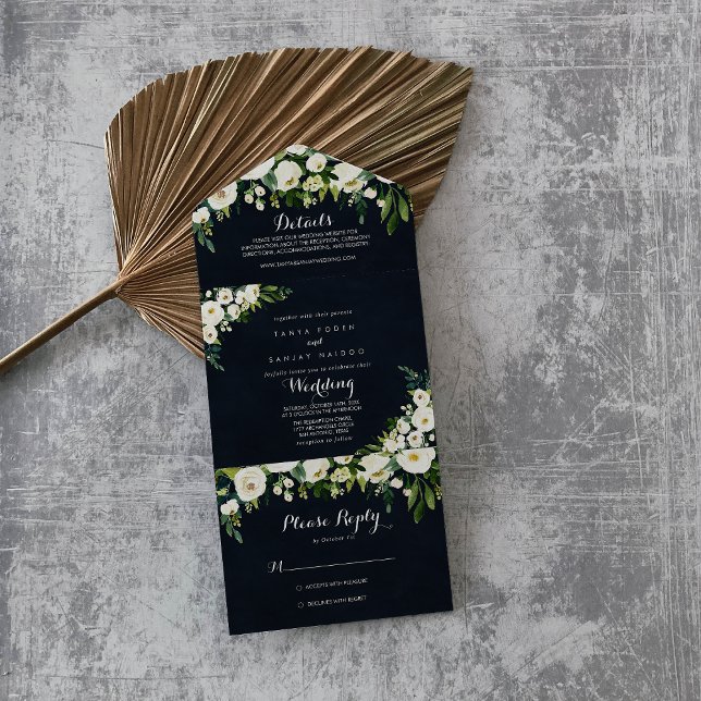Greenery White Floral Royal Blue Wedding   All In One Invitation (Creator Uploaded)
