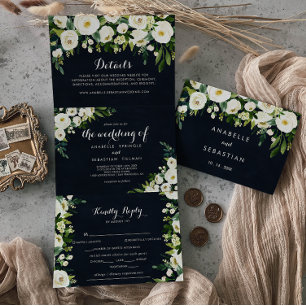 Greenery White Floral Royal Blue Wedding Tri-Fold Invitation