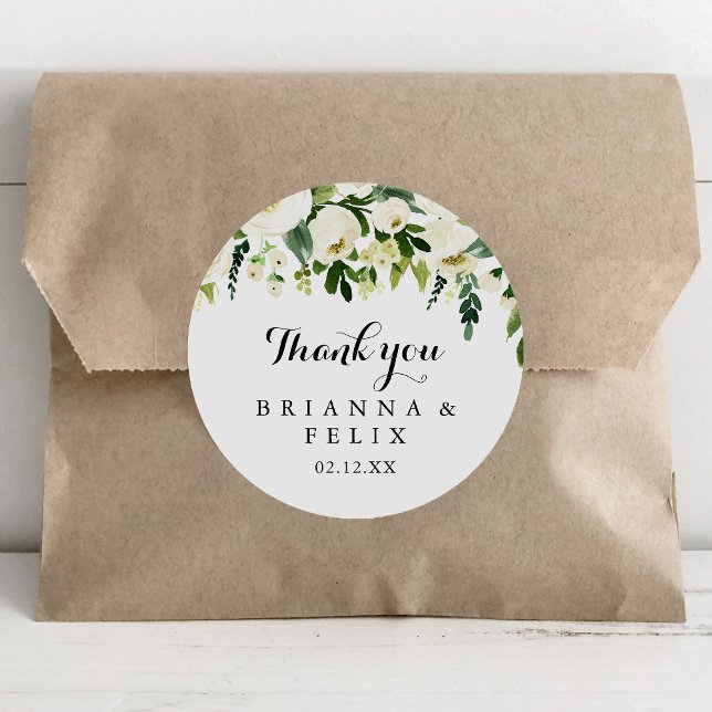 Greenery White Floral Thank You Wedding Favour Classic Round Sticker (Creator Uploaded)