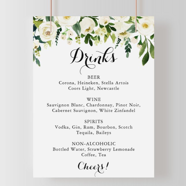 Greenery White Floral Wedding Drinks Menu Sign (Creator Uploaded)