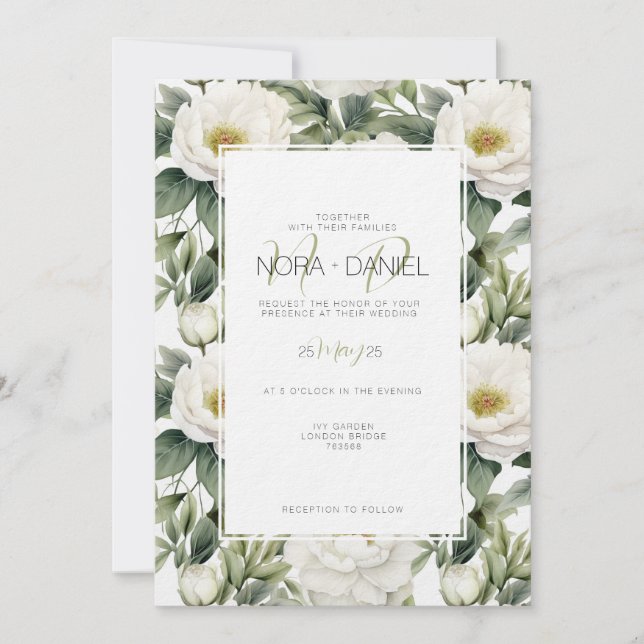 Greenery White Floral Wedding Invitation (Front)