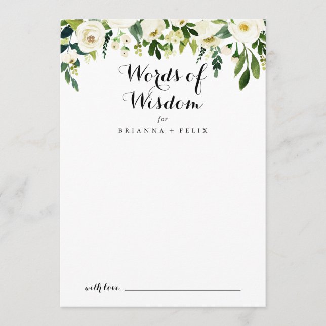 Greenery White Floral Wedding Words of Wisdom Advice Card (Front)