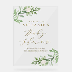 Greenery White Flowers Gold Baby Shower Welcome Acrylic Sign