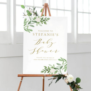 Greenery White Flowers Gold Baby Shower Welcome Poster