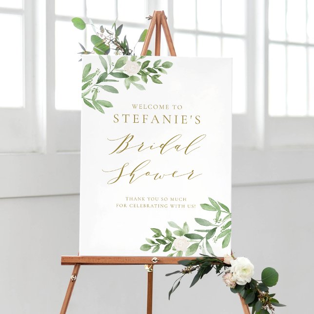 Greenery White Flowers Gold Bridal Shower Welcome Poster (Creator Uploaded)