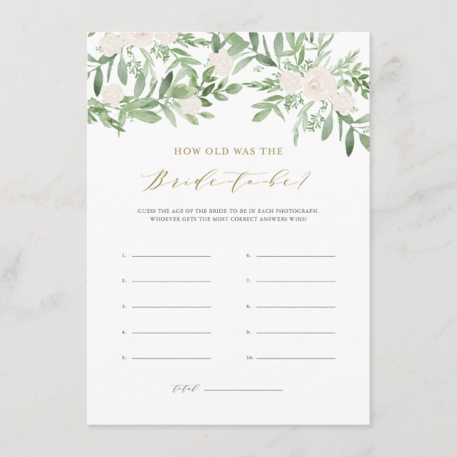 Greenery White Flowers How Old Was the Bride-to-be Enclosure Card (Front)