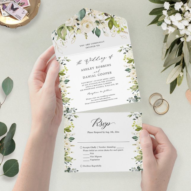 Greenery White Gold Floral Wedding Details RSVP All In One Invitation (Creator Uploaded)