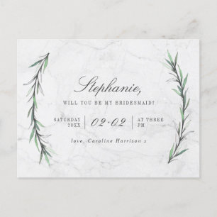Greenery & White Marble Will You Be My Bridesmaid Invitation Postcard