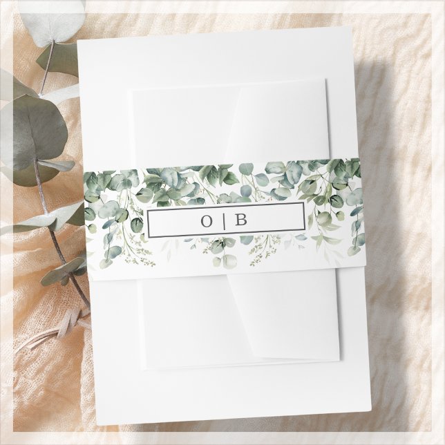 Greenery | White Monogram Wedding Invitation Belly Band (Creator Uploaded)
