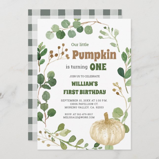  Greenery White Pumpkin Boy First Birthday  Invitation (Front/Back)