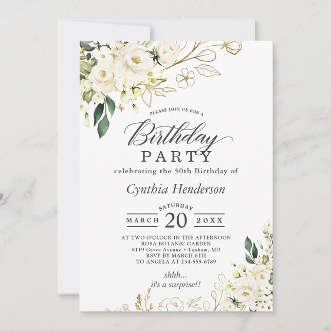 Greenery White Rose Floral Adult Birthday Party Invitation (Front)