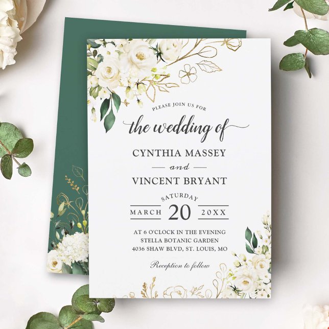 Greenery White Rose Floral Gold Leaves Wedding Invitation (Creator Uploaded)