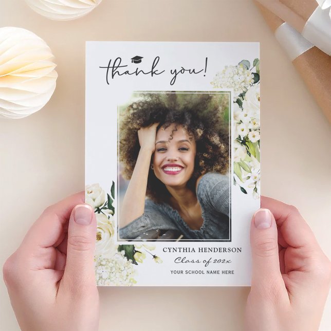 Greenery White Rose Floral Graduation Photo Thank You Card (Creator Uploaded)