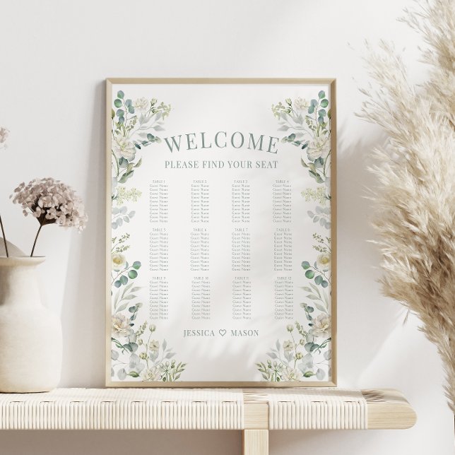 Greenery White Rose Flowers Wedding Seating Chart (Creator Uploaded)