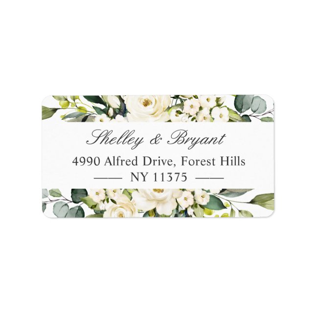 Greenery White Rose Watercolor Floral Address Label (Front)