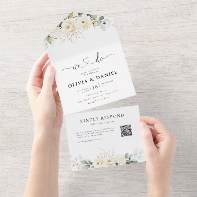 Greenery White Roses All in One Wedding Invite (Tearaway)