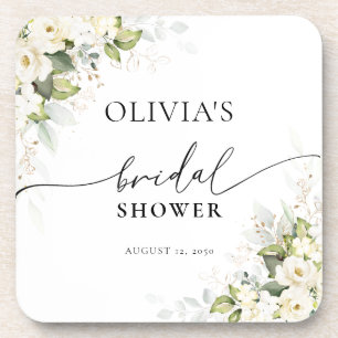 Greenery White Roses Bridal Shower Coasters