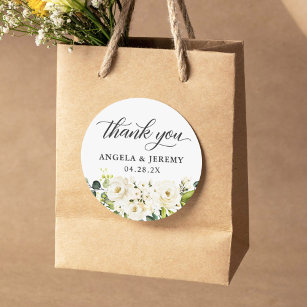 Greenery White Roses Floral Wedding Thank You Classic Round Sticker