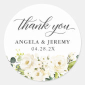 Greenery White Roses Floral Wedding Thank You Classic Round Sticker (Front)