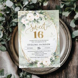 Greenery white roses gold foil oval sweet 16 invitation