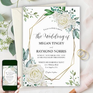 Greenery & White Roses Gold Frame Rustic Wedding Invitation